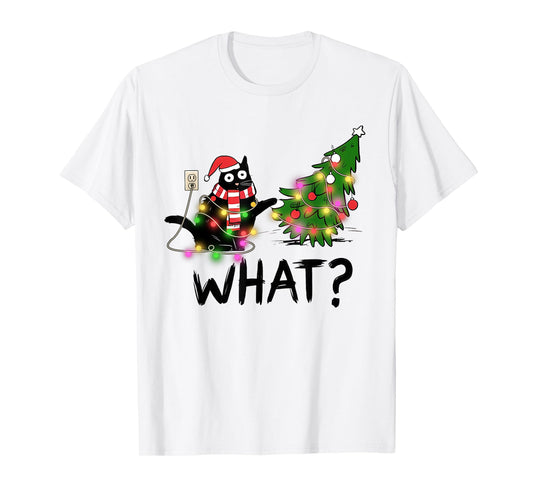 Funny Black Cat Gift Pushing Christmas Tree Over Cat What? T-Shirt