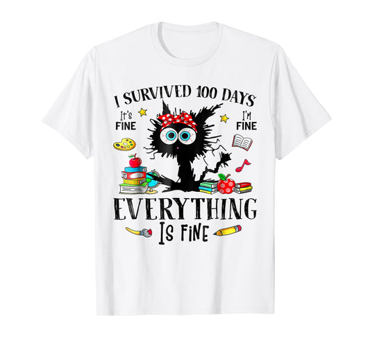 I Survived 100 Days of School Funny Black Cat 100th Day T-Shirt