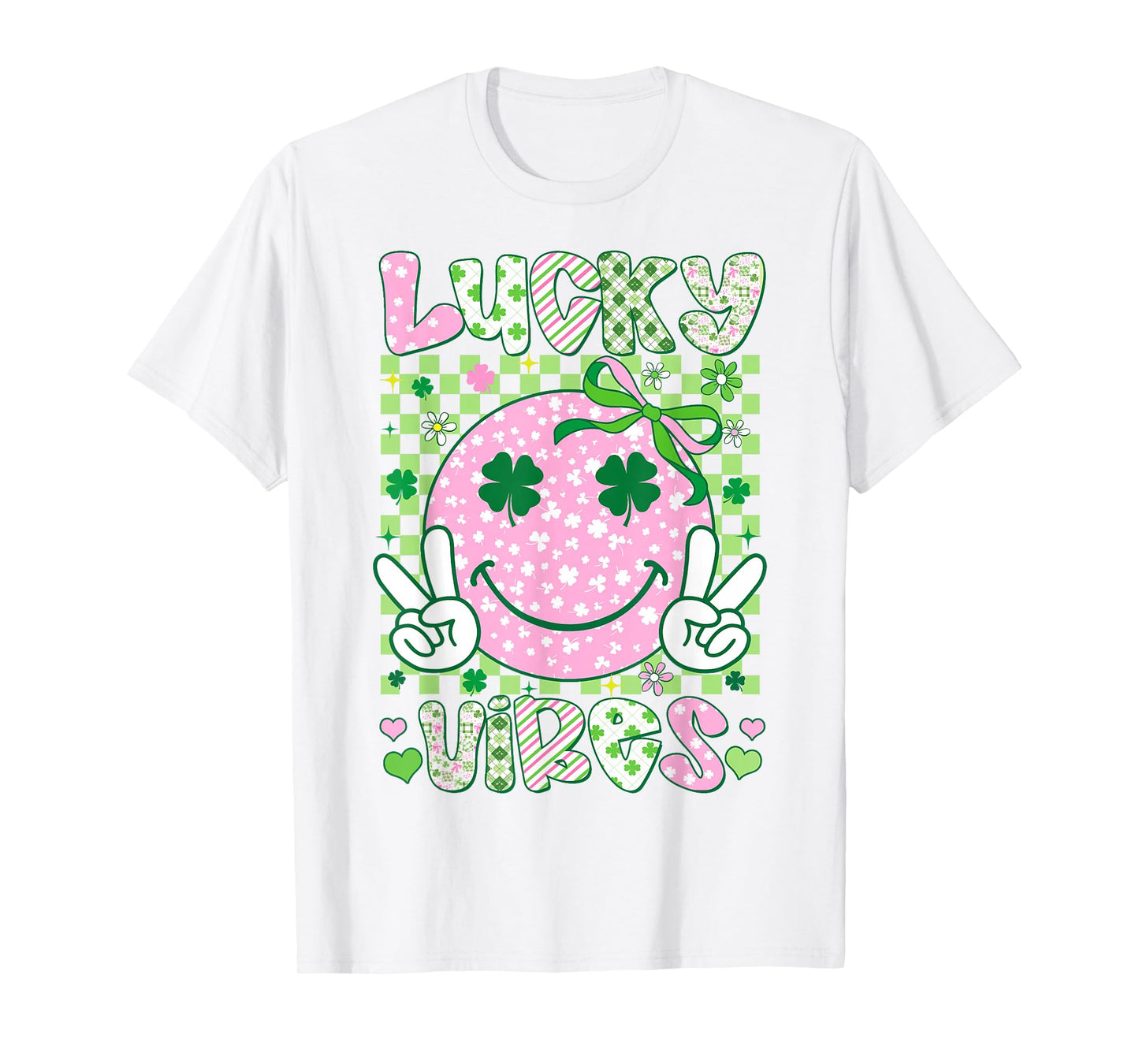 Kids St Patricks Day Lucky Vibes Shamrock Pink Women Girls T-Shirt