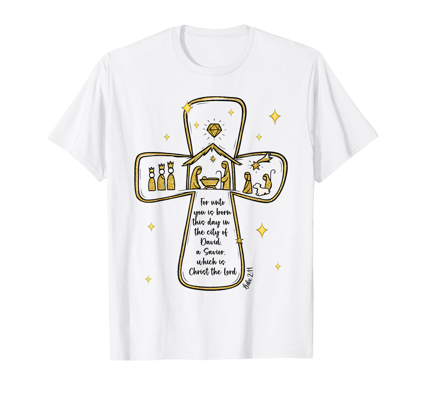 Nativity Scene Cross Gold Christian Christmas The Lord T-Shirt