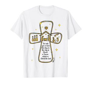 Nativity Scene Cross Gold Christian Christmas The Lord T-Shirt