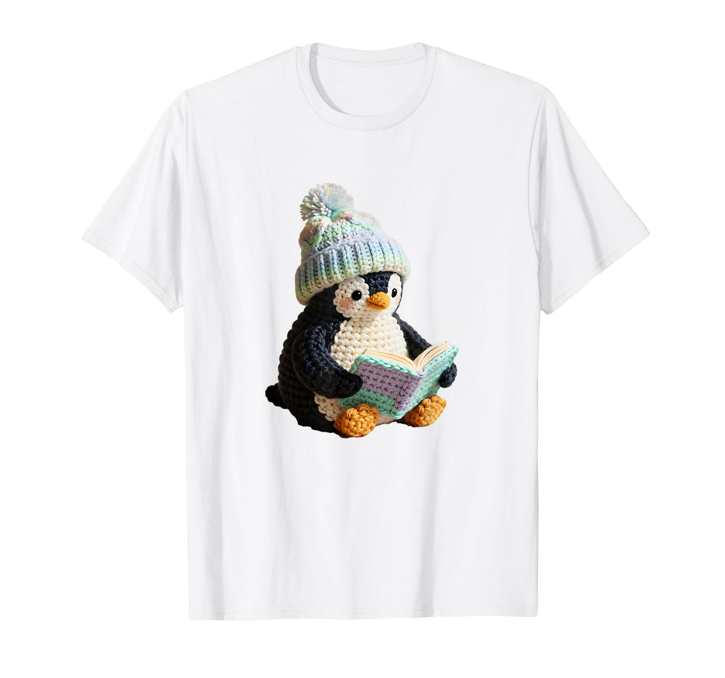 Cute Penguin Reading Book Faux-Crochet Print T-Shirt