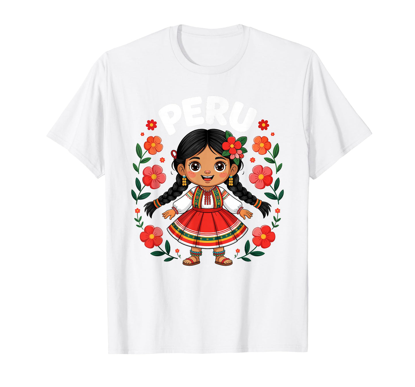 Cute Peru Girl Traditional Dress Colorful Flowers Girls Kids T-Shirt