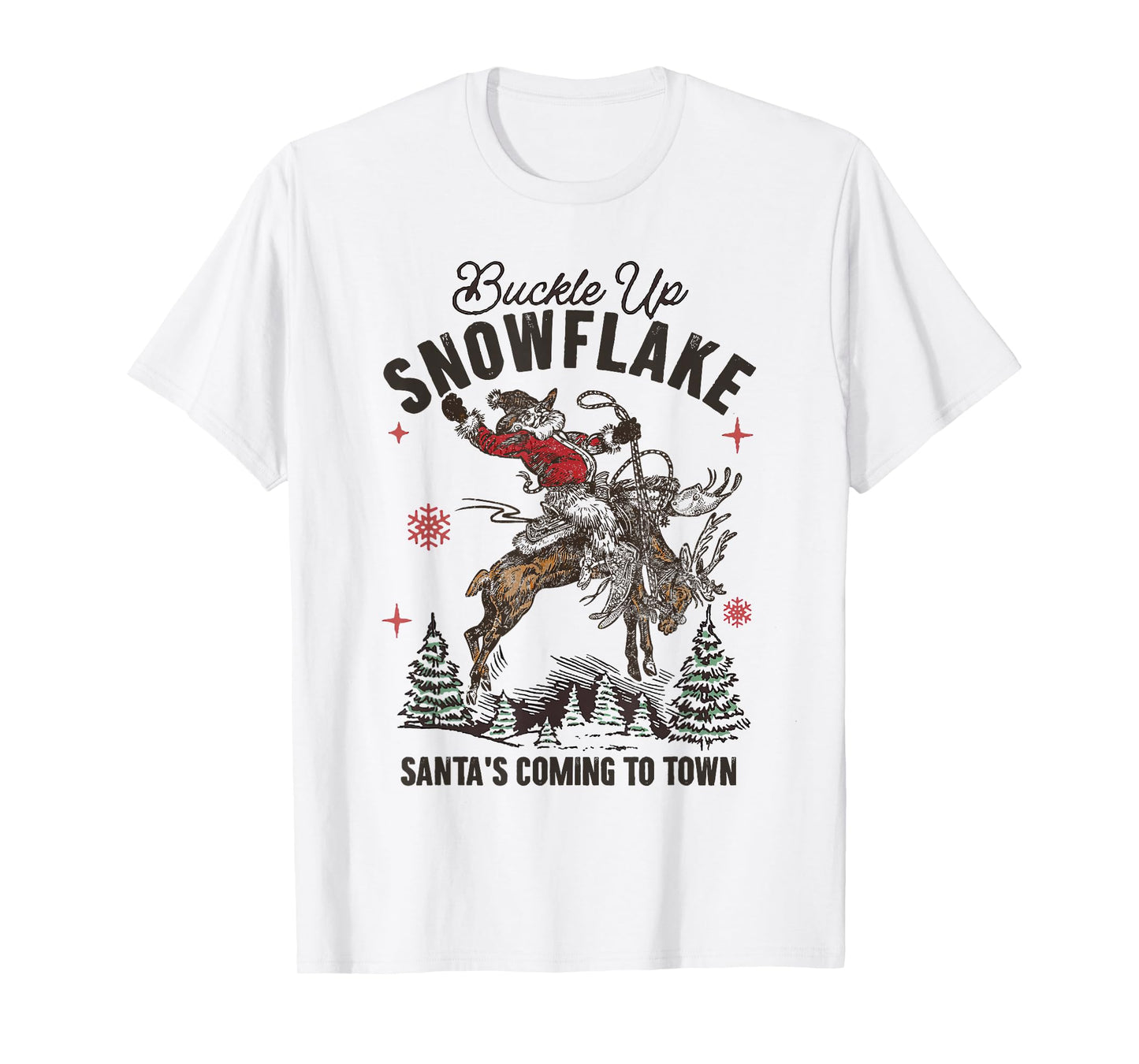 Retro Christmas Cowboy Santa Buckle Up Snowflake Rodeo T-Shirt