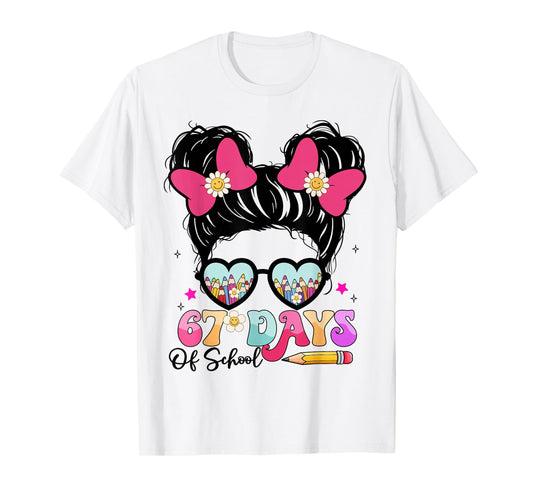 67 Days of School Messy Bun Girl Kids Meme Funny T-Shirt