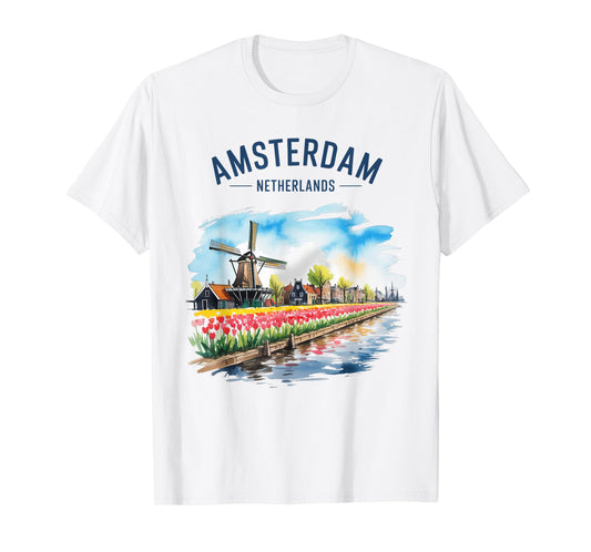 Amsterdam Netherlands Vintage Watercolor Scenic Travel T-Shirt