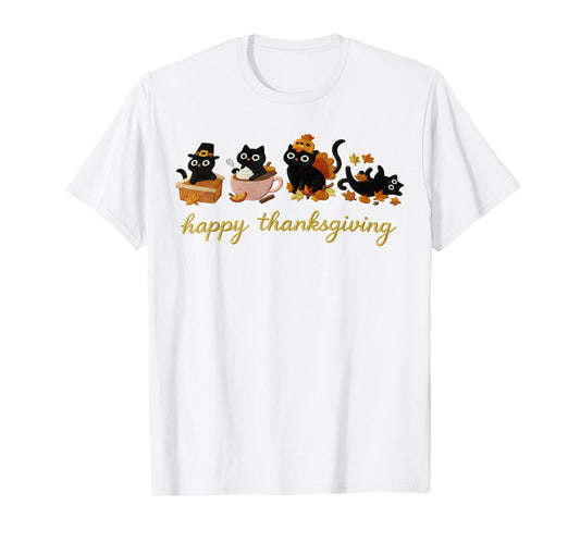 Cute Cat Turkey Happy Thanksgiving Fall Meowy Cat Lover T-Shirt