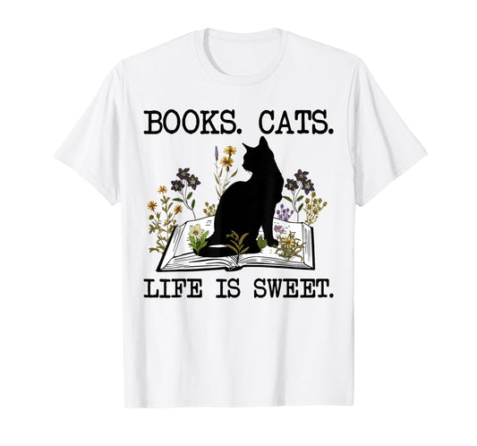 Books Cats Life is Sweet Funny Cat Book Lover Men Women Teen T-Shirt