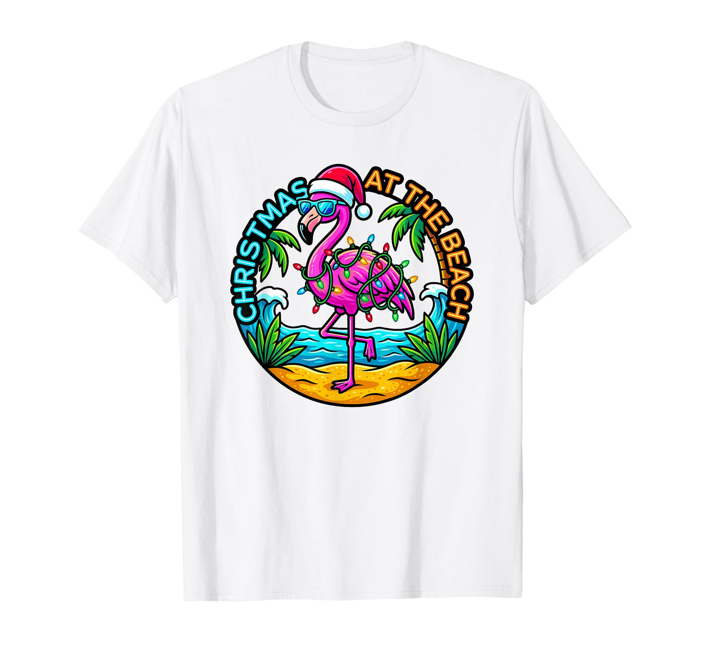 Christmas at The Beach Flamingo Santa Hat Tropical Xmas T-Shirt