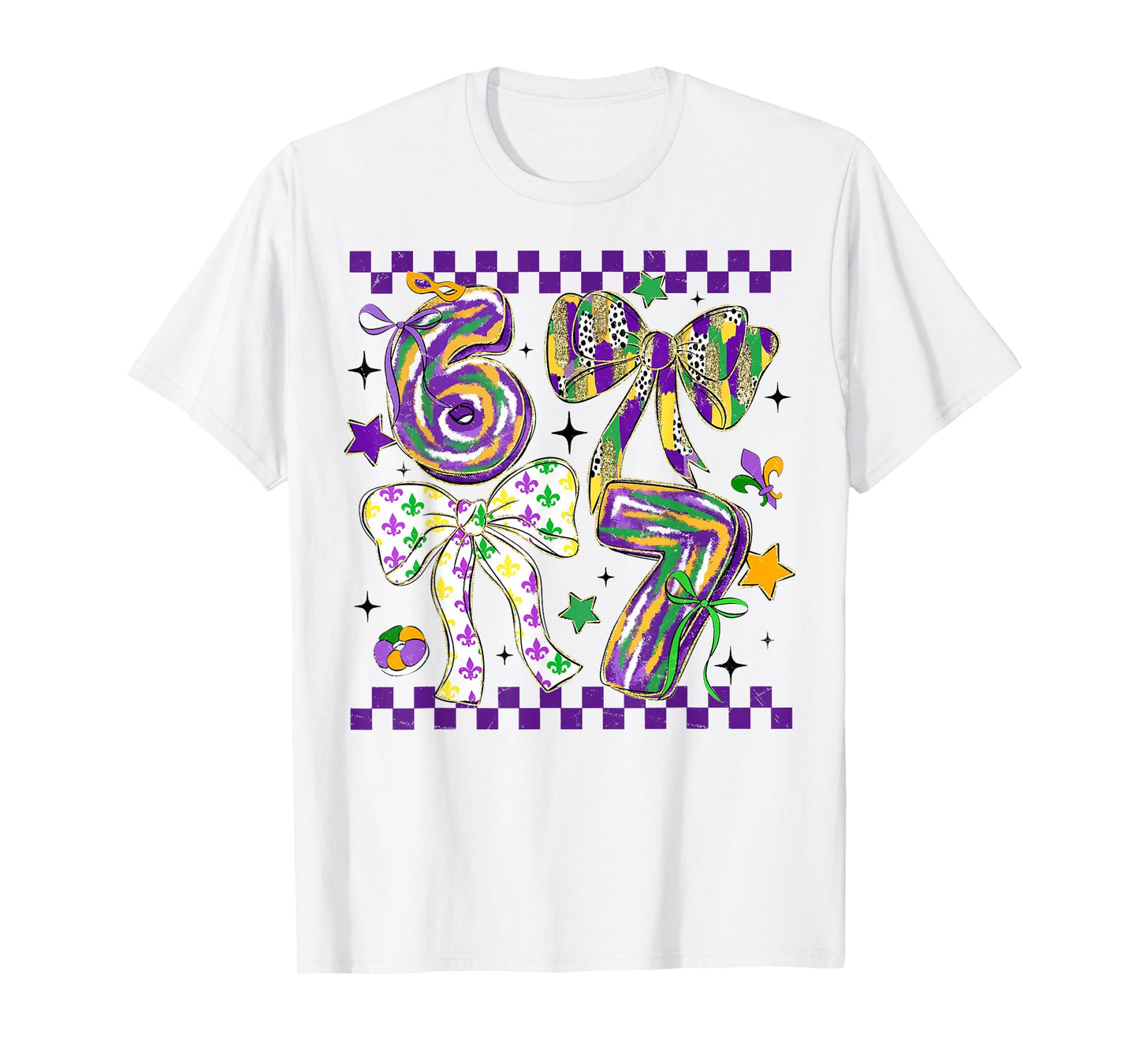 Mardi Gras Six Seven Bow Jester Beads 6 7 Meme Girls Kids T-Shirt