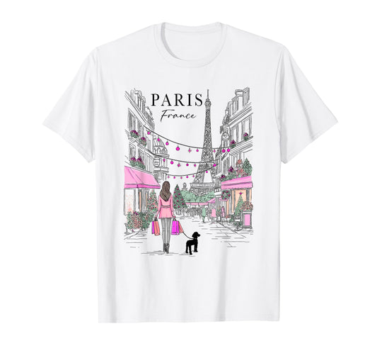 Christmas in Paris France Eiffel Tower French Girl Souvenir T-Shirt