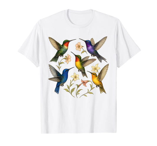 Colorful Hummingbirds and Flowers Vintage Nature T-Shirt