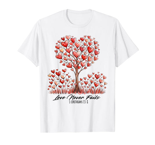 Love Never Fails 1 Corinthians 13:8 Heart Tree T-Shirt