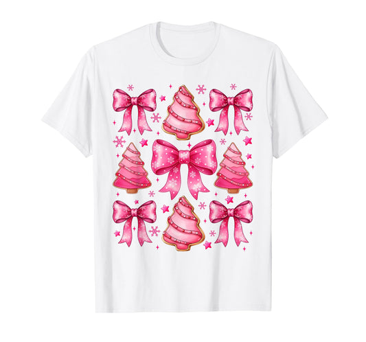 Pink Christmas Tree Shirt Cute Xmas Bow Women Girls T-Shirt