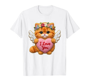 Valentine Cat Heart Design Cute Yarn-Look Angel Kitten Art T-Shirt