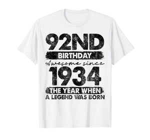 92 Year Old Gifts Vintage 1934 Limited Edition 92nd Birthday T-Shirt