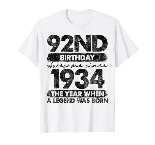 92 Year Old Gifts Vintage 1934 Limited Edition 92nd Birthday T-Shirt