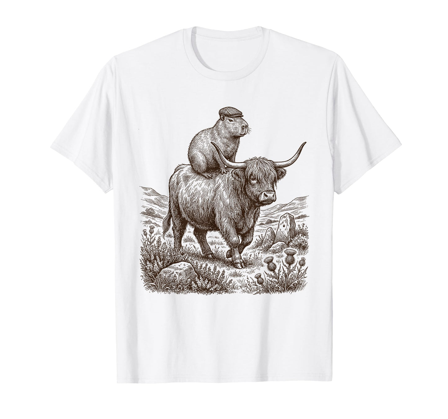 Funny Vintage Capybara Riding Highland Cow Lover T-Shirt