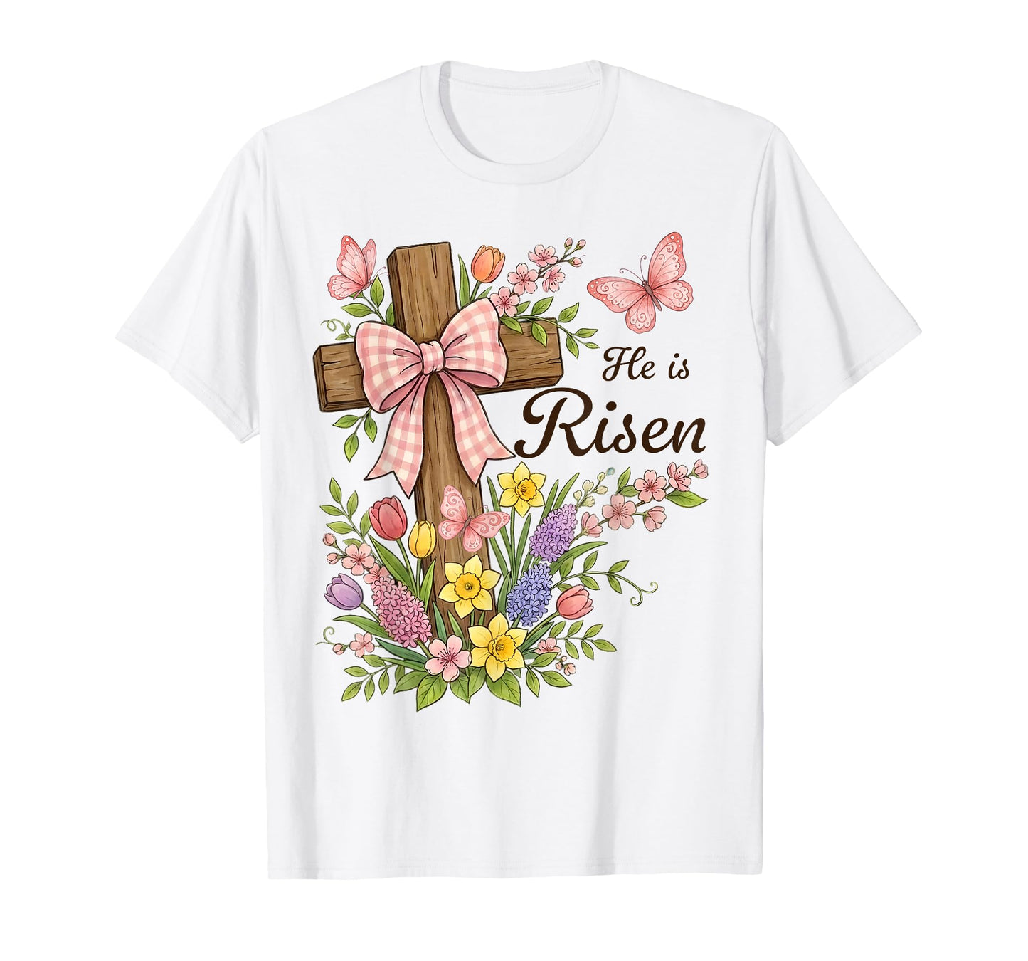 Christian- He is Risen Floral Cross Religious Easter T-Shirt