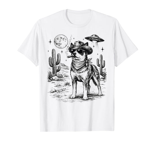 Cowboy Dog Vintage Funny Australian Cattle UFO Art Western T-Shirt