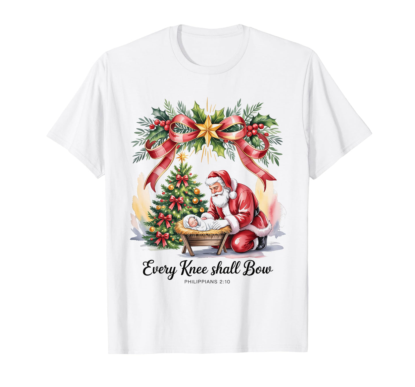 Vintage Every Knee Shall Bow Santa Clause Religious Xmas T-Shirt