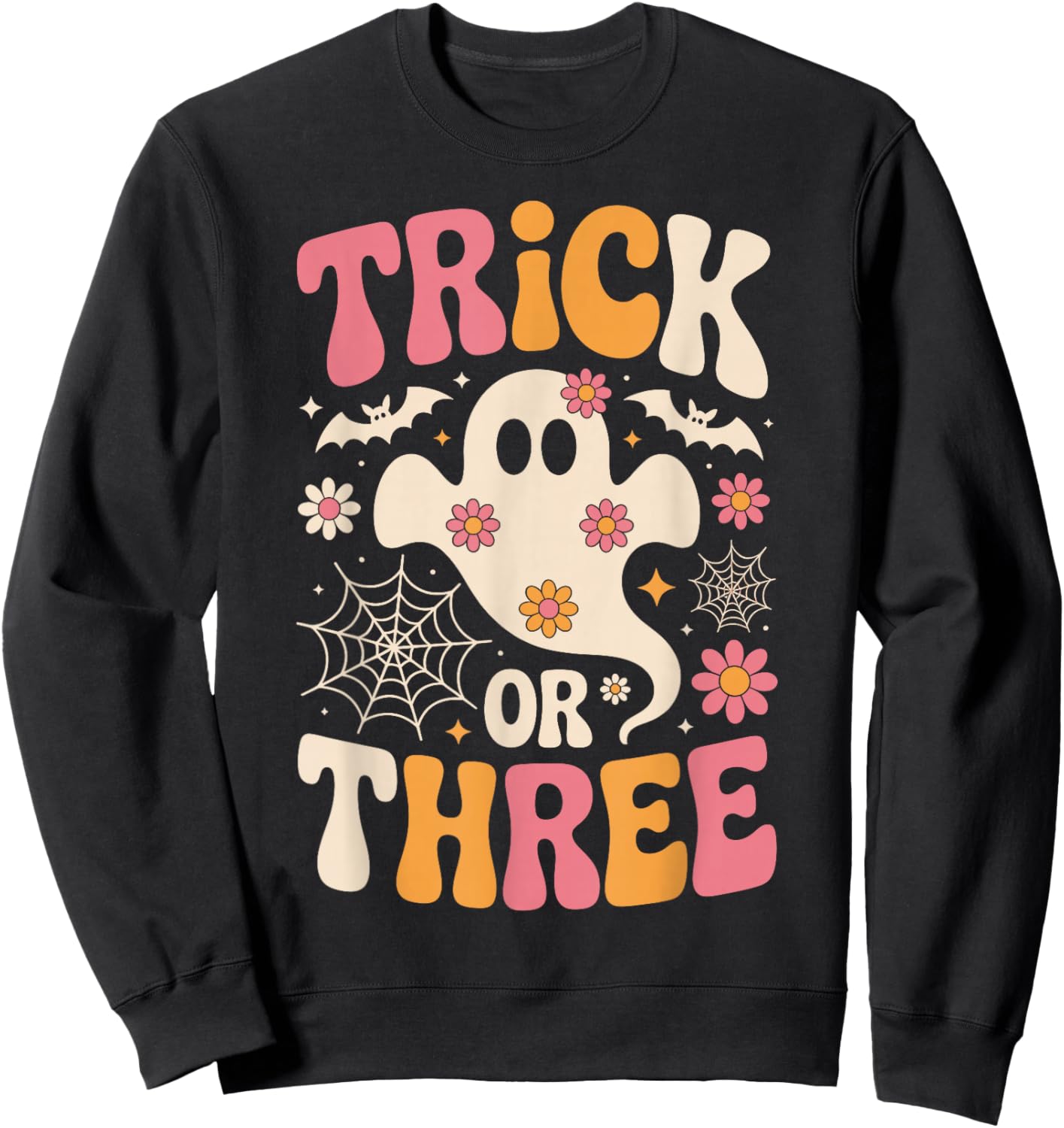 Trick Or Three 3 Years Old Birthday Groovy Ghost Halloween Sweatshirt - Sweatshirt | Black