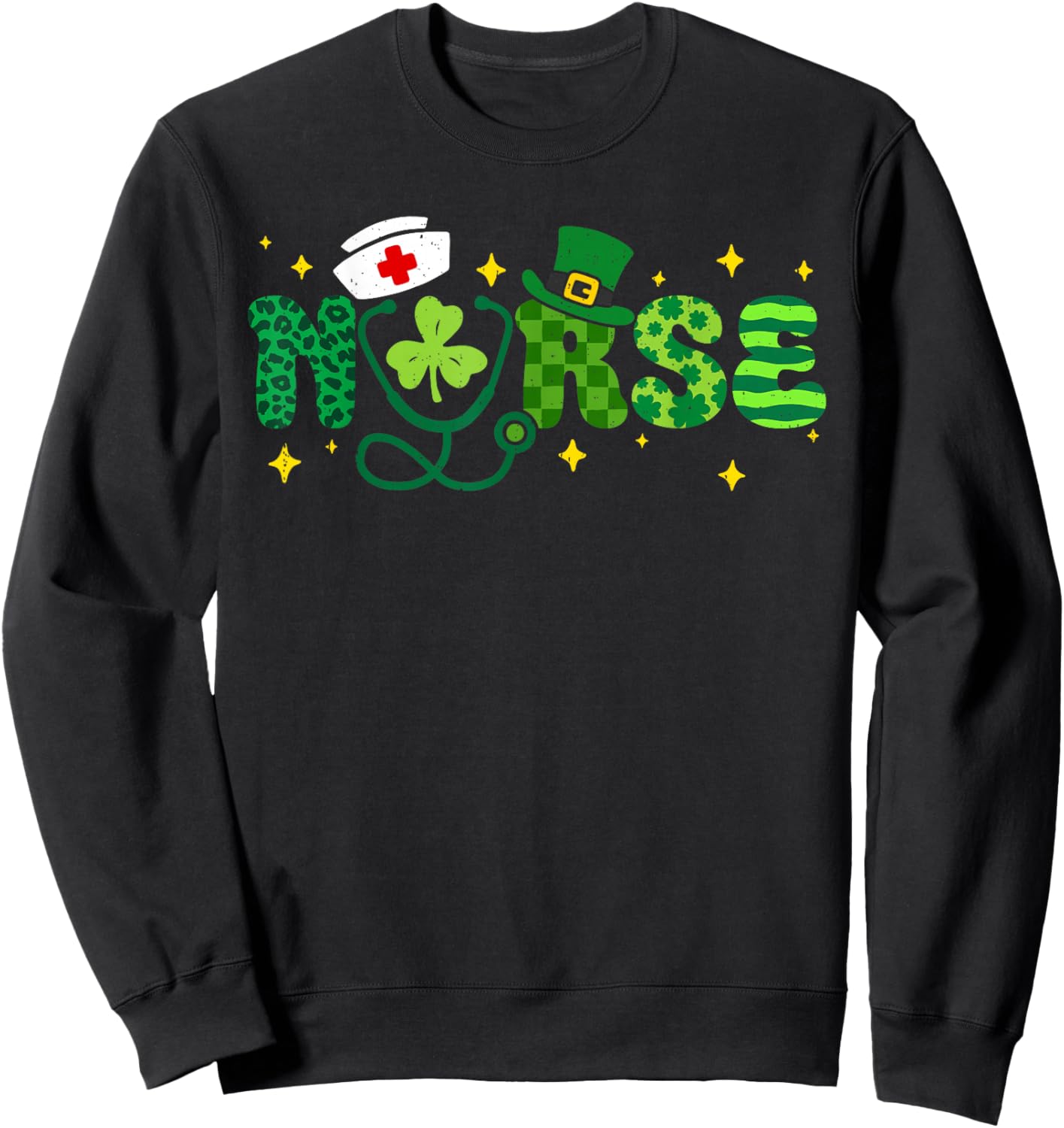 Nurse St Patricks Day Scrub Top Shamrock Stethoscope Sweatshirt - Sweatshirt | Black