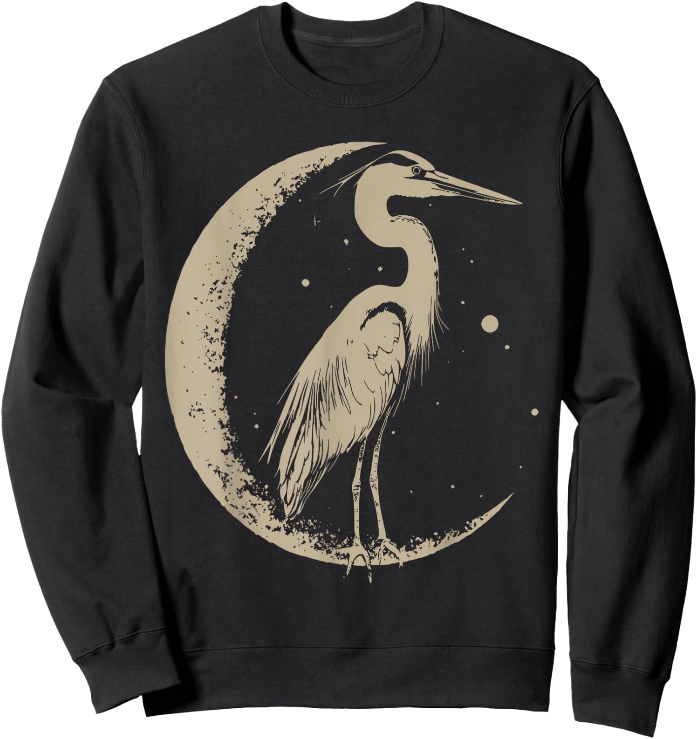 Blue Heron Bird Linocut Folk Art with Moon Crescent Birding Sweatshirt - Sweatshirt | Black