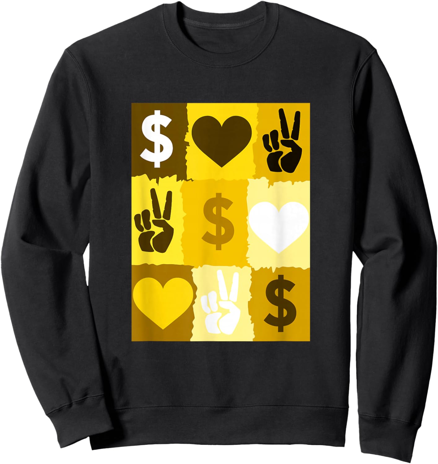 University Varsity-Gold Color Peace Love Money Grid Yellow Sweatshirt - Sweatshirt | Black