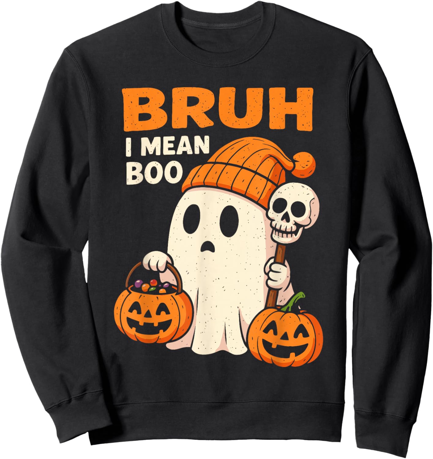 Halloween Bruh Ghost Boo Skull Pumpkin Women Kids Boys Girls Sweatshirt - Sweatshirt | Black