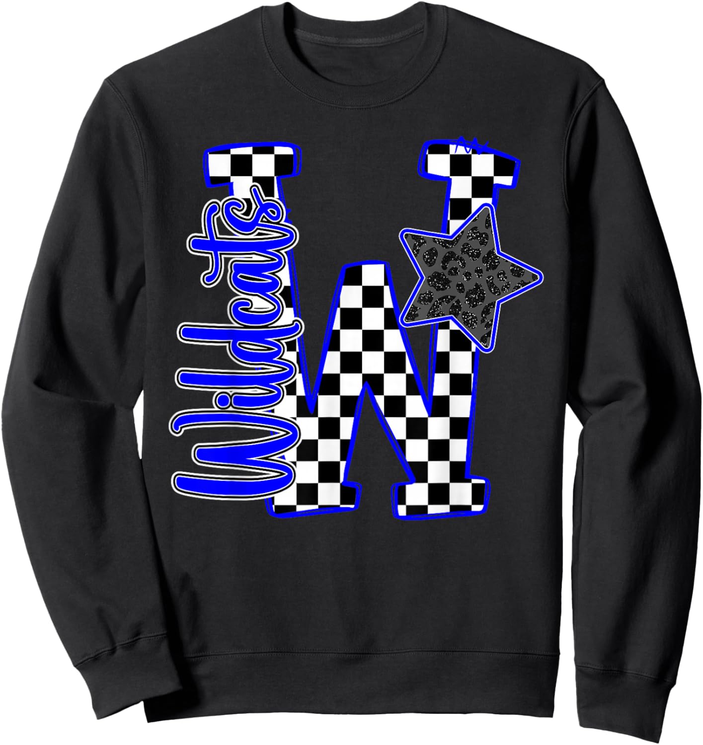 Blue Wildcats Checkered Print Star Leopard School Spirit Sweatshirt - Sweatshirt | Black
