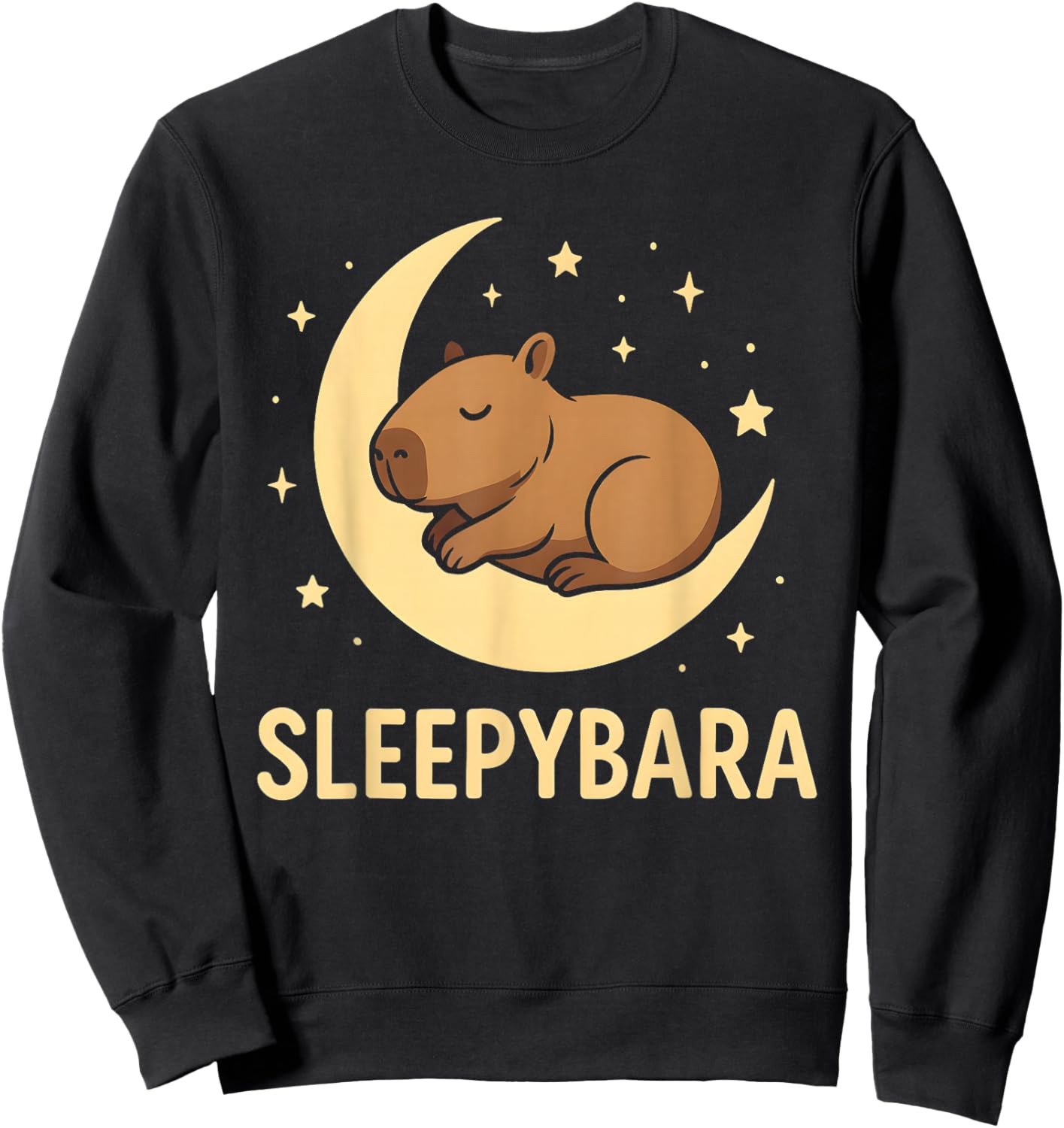 Cute Sleepybara Funny Capybara Sleeping on Moon Graphic Sweatshirt - Sweatshirt | Black
