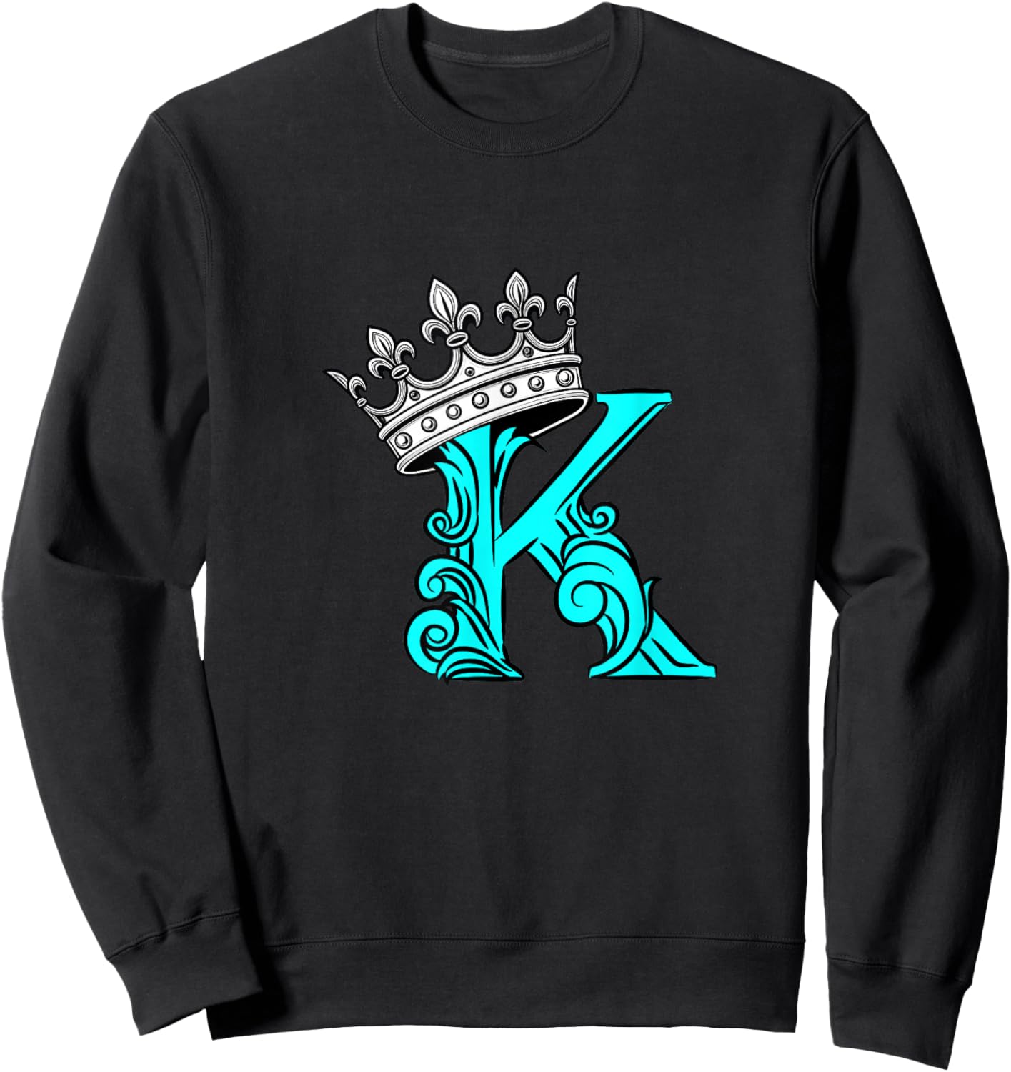 Turquoise Color Letter K Initial + Crown Turquoise Graphic Sweatshirt - Sweatshirt | Black