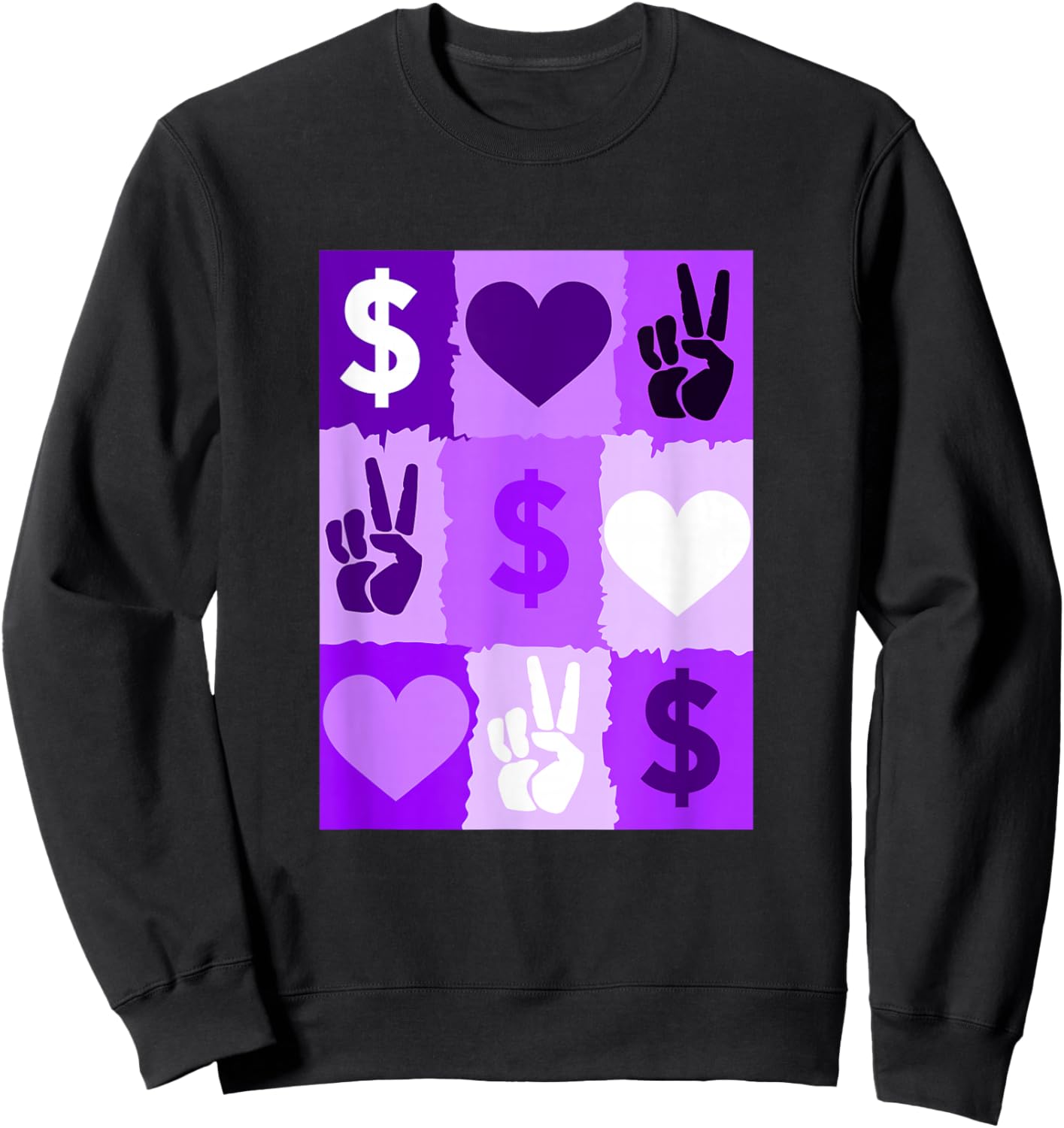 Purple Color Peace Love Money Grid Purple Graphic Sweatshirt - Sweatshirt | Black