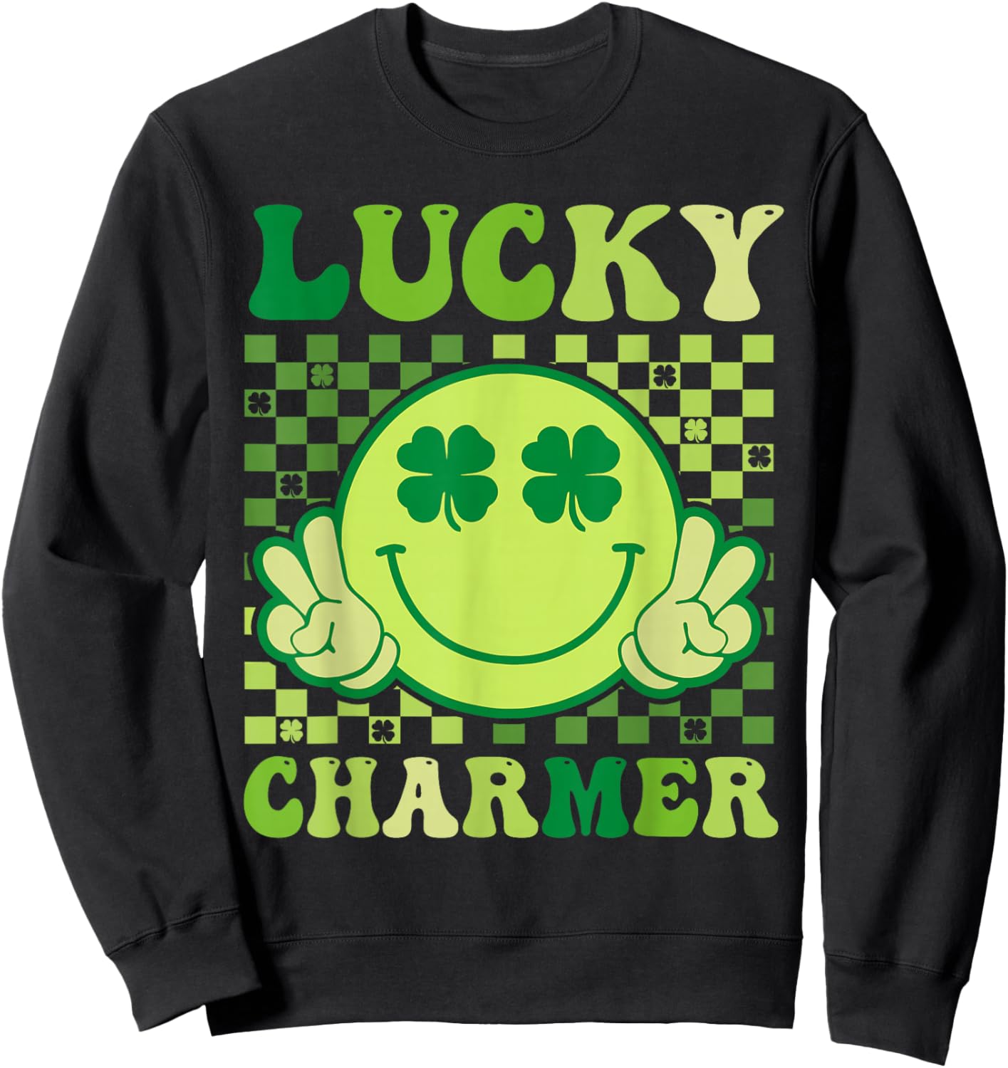 Lucky Charmer Retro Smile Face Shamrock St Patricks Day Sweatshirt - Sweatshirt | Black