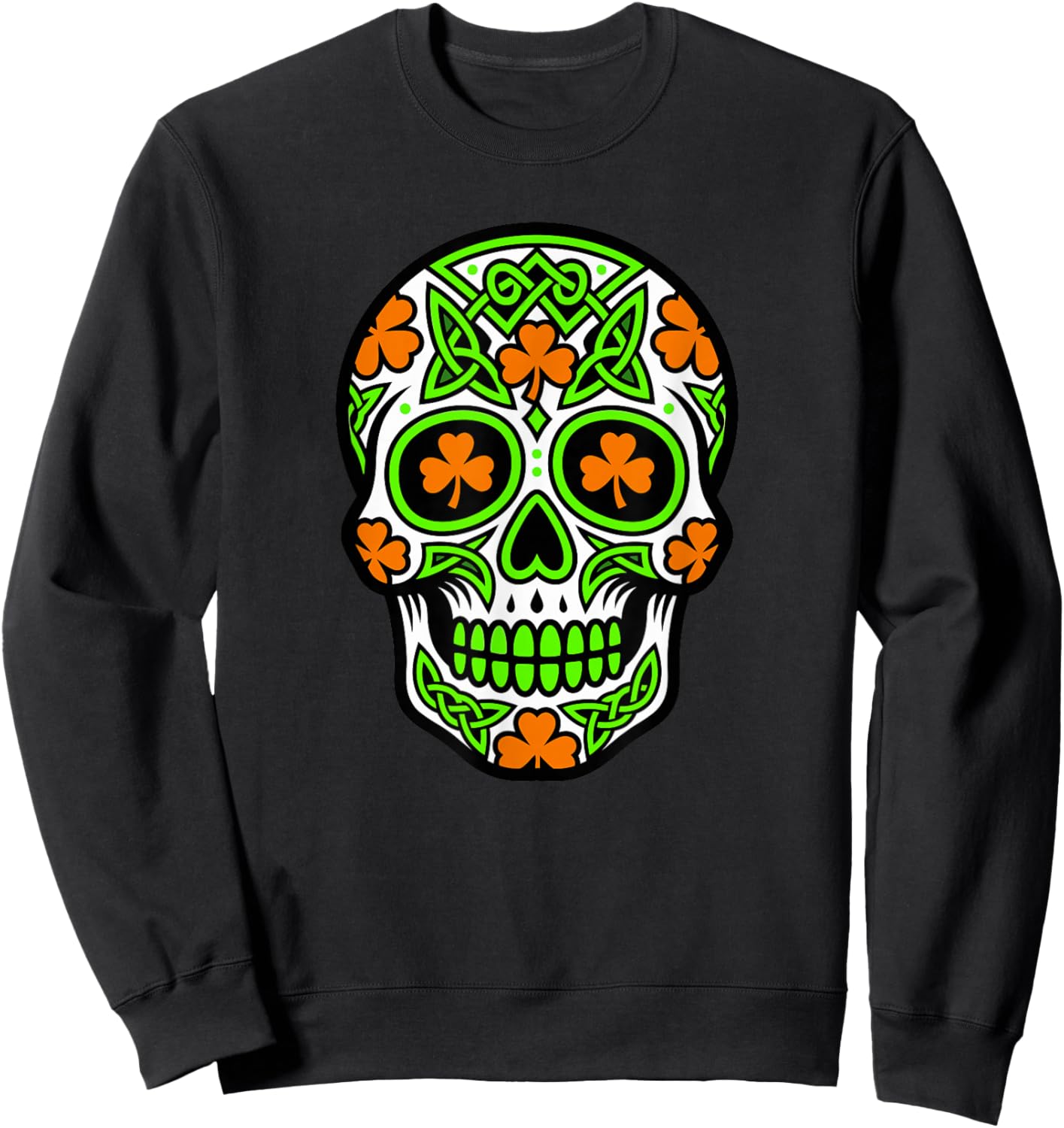 Sugar Skull St Patricks Day Shamrock Celtic Knot Skeleton Sweatshirt - Sweatshirt | Black