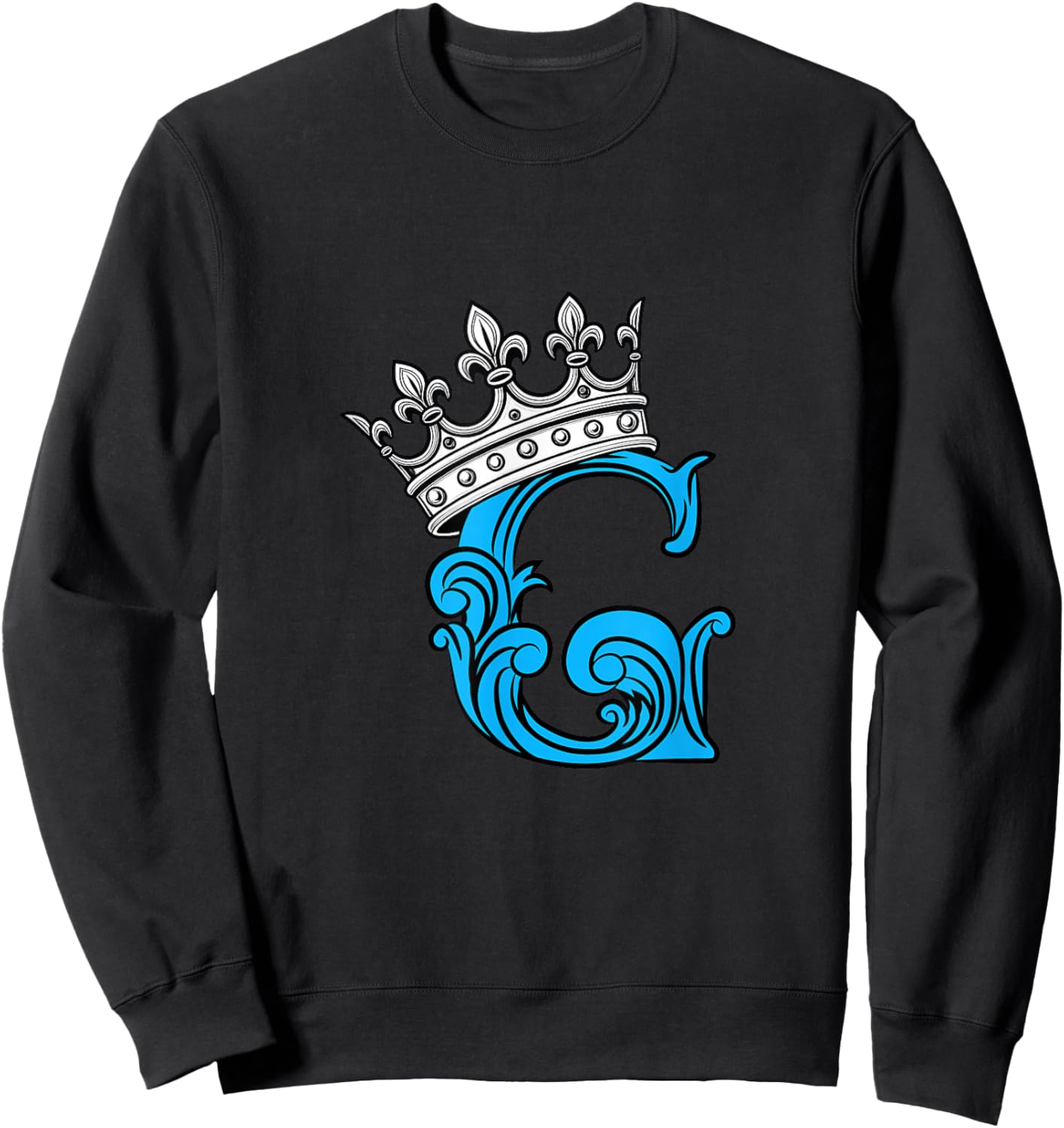 Blue Color Letter G Initial + Crown Blue Graphic Sweatshirt - Sweatshirt | Black