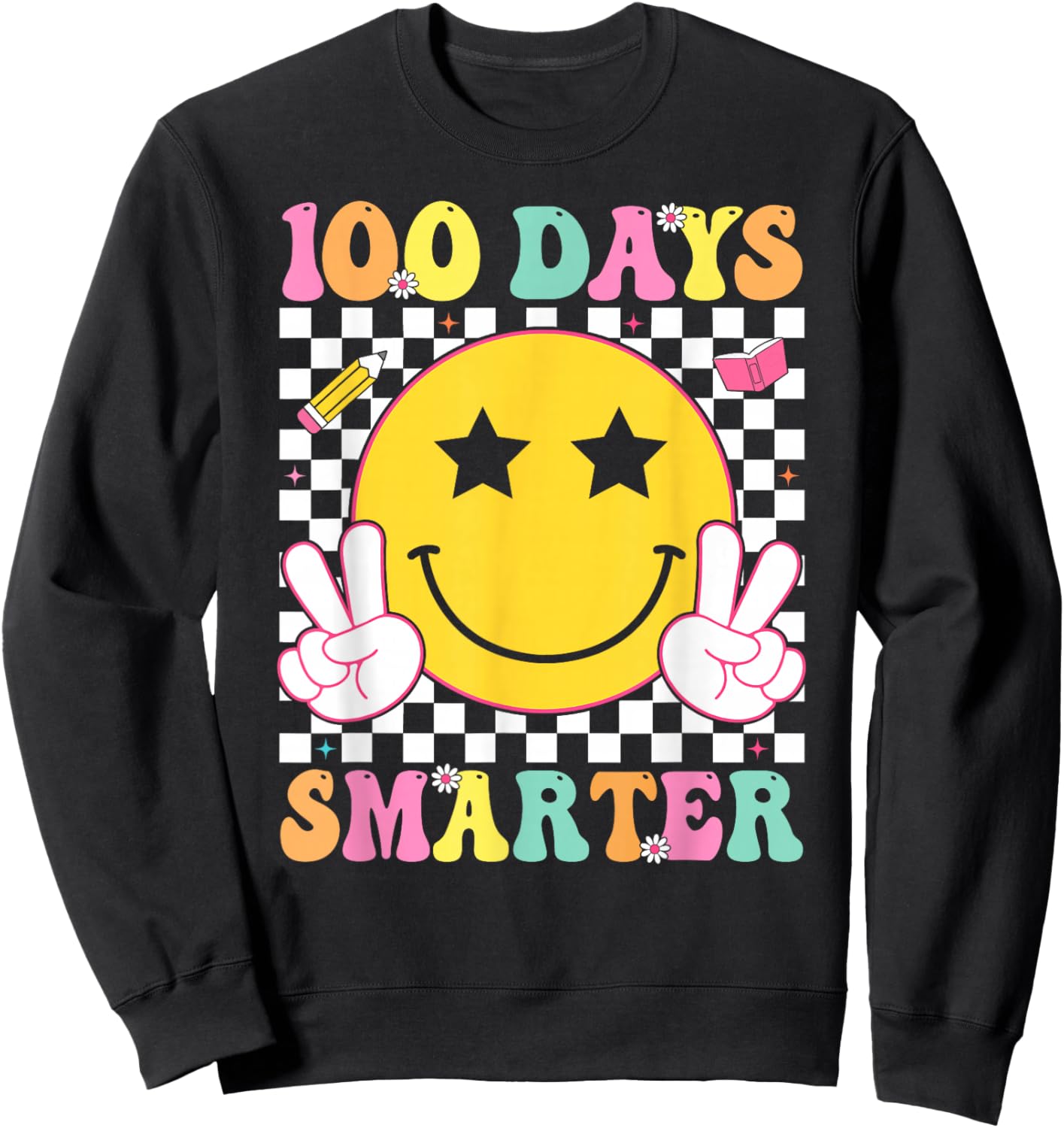 100 Days Smarter Retro Smile Face Teacher Kids 100th Day Sweatshirt - Sweatshirt | Black