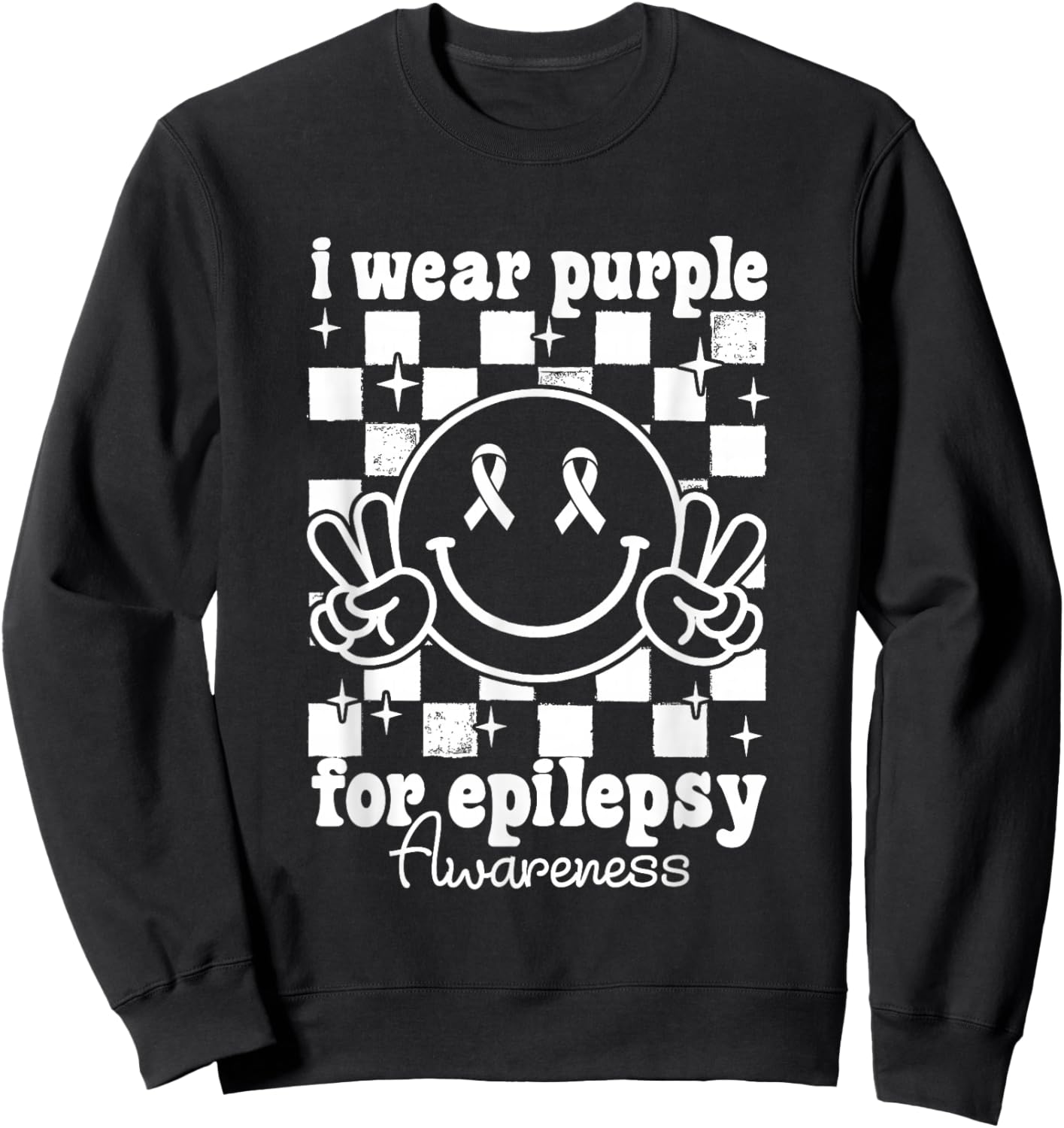 I Wear Purple for Epilepsy Awareness Checkered Smile Face Sweatshirt - Sweatshirt | Black