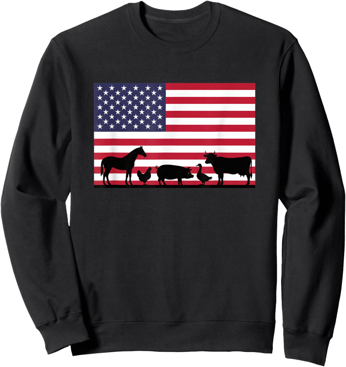 American Flag Farm Animals Horse Cow Pig Chicken Patriotic Sweatshirt - Sweatshirt | Black
