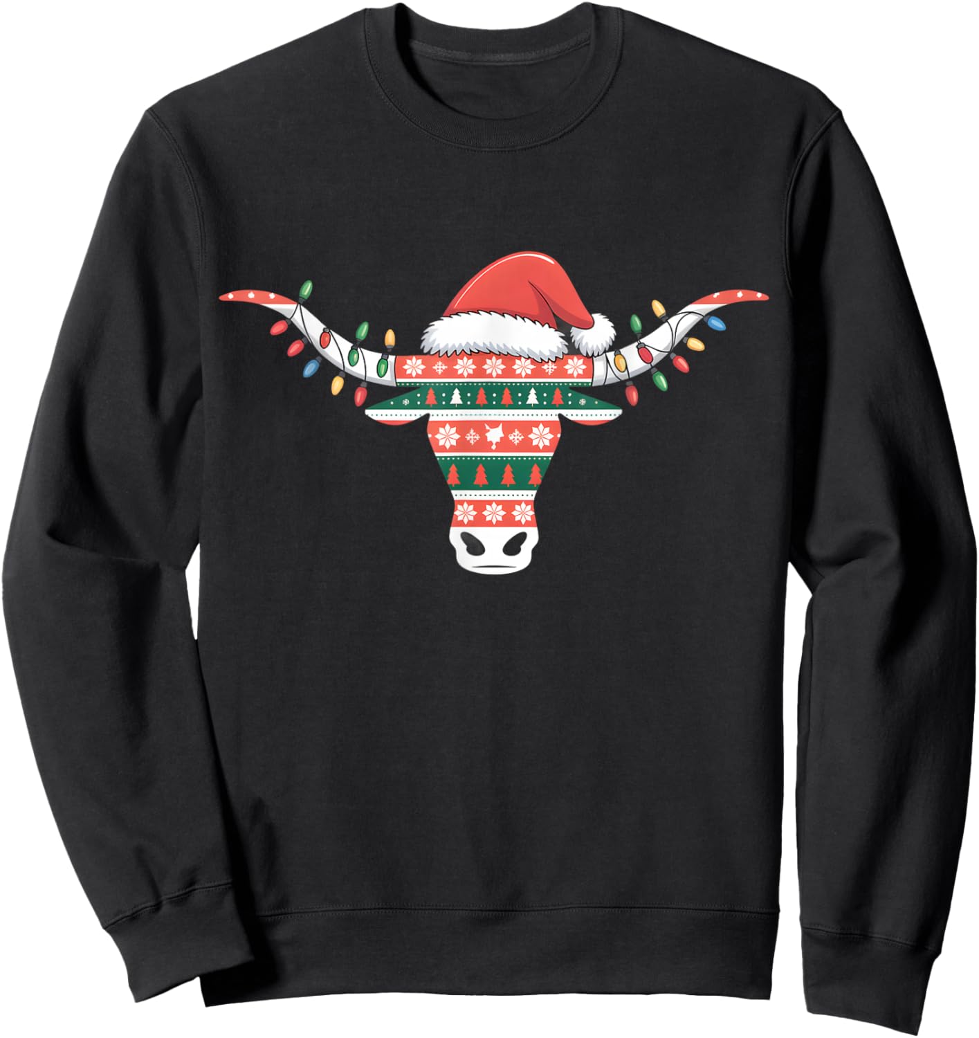 White Longhorn Ugly Christmas Sweater Santa hat Horn Antlers Sweatshirt - Sweatshirt | Black