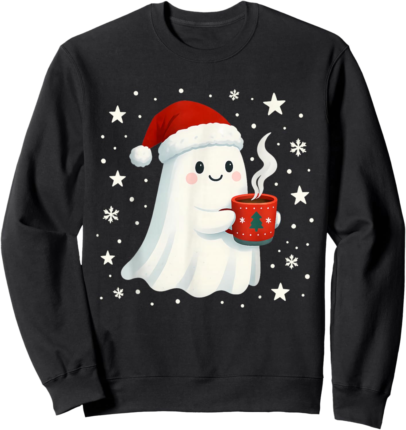 Cute Christmas Ghost with Hot Cocoa Santa Hat Winter Holiday Sweatshirt - Sweatshirt | Black