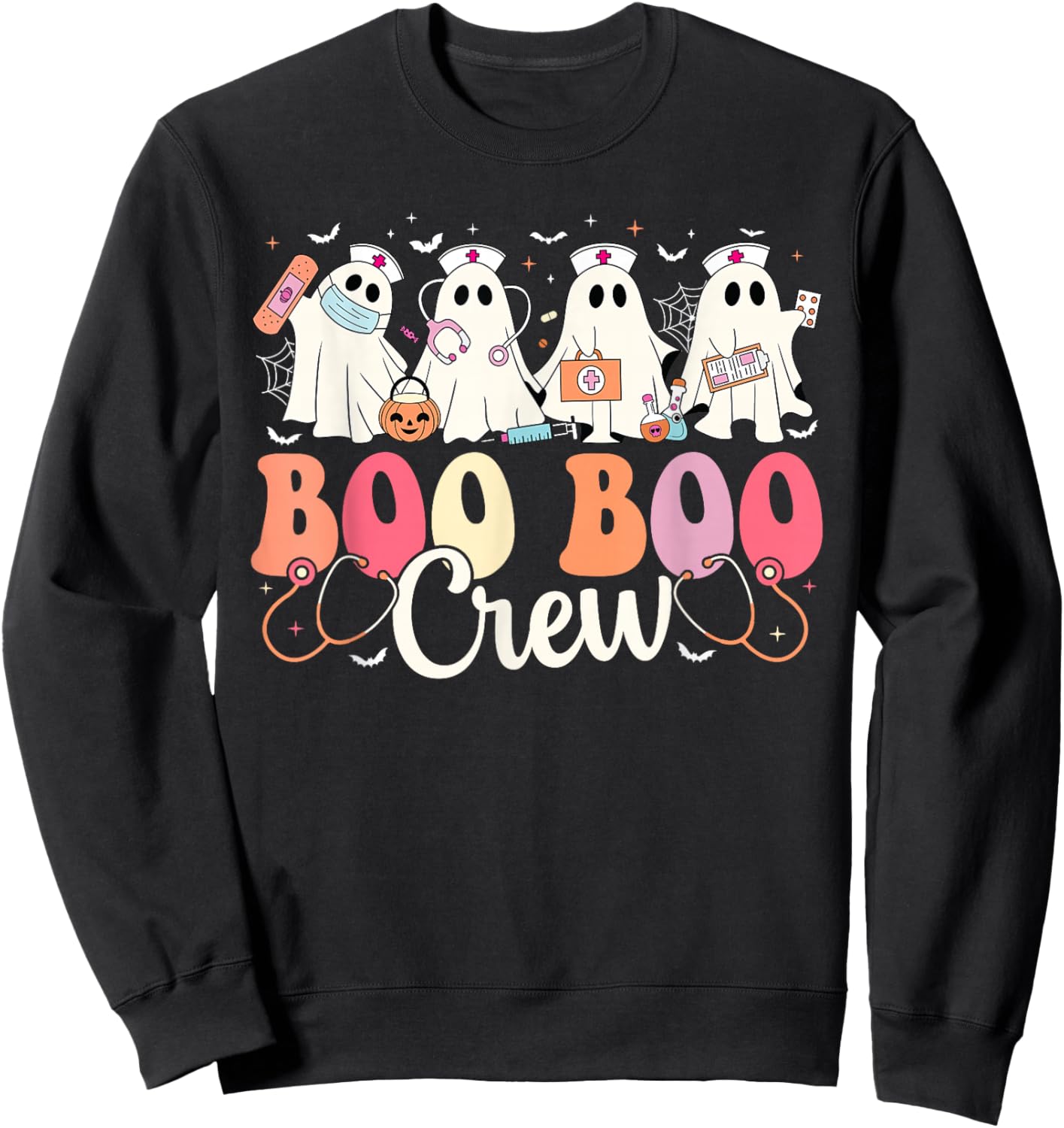 Boo Boo Crew Nurse Ghost Scrub Top Women Halloween Nursing Sweatshirt - Sweatshirt | Black