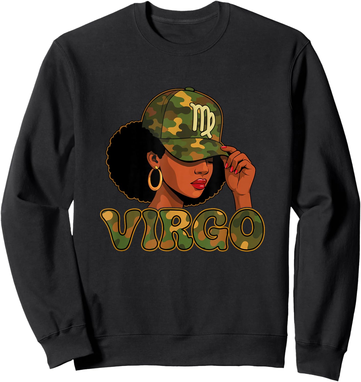 Virgo Queen Virgo Zodiac Sign Camo Afro Girl Sweatshirt - Sweatshirt | Black