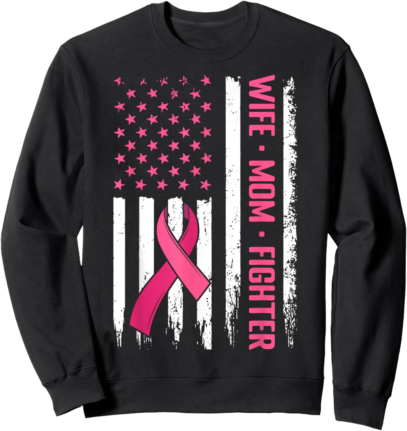 US Flag Pink Ribbon Survivor Warrior Breast Cancer Awareness Sweatshirt - Sweatshirt | Black
