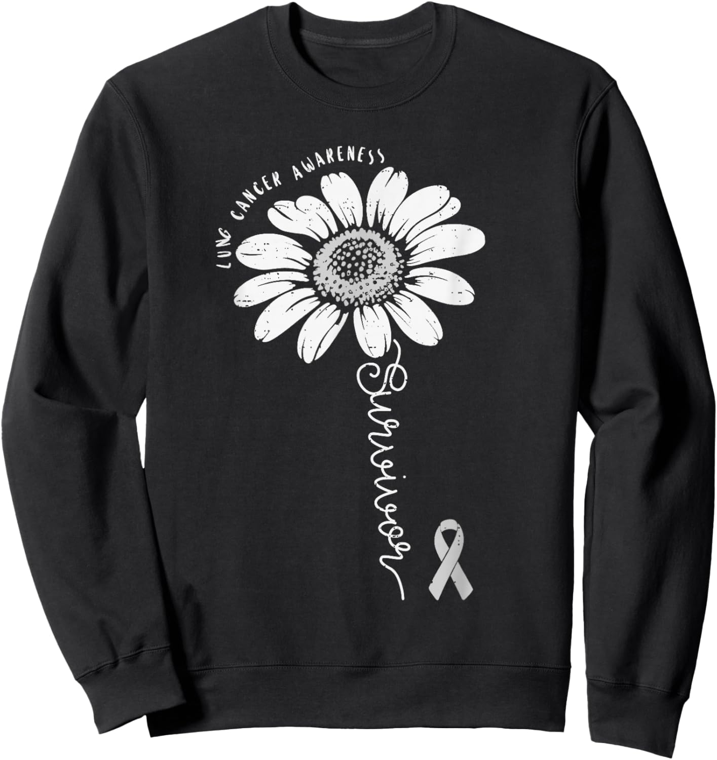 Lung Cancer Awareness Survivor Flower White Ribbon Support Sweatshirt - Sweatshirt | Black
