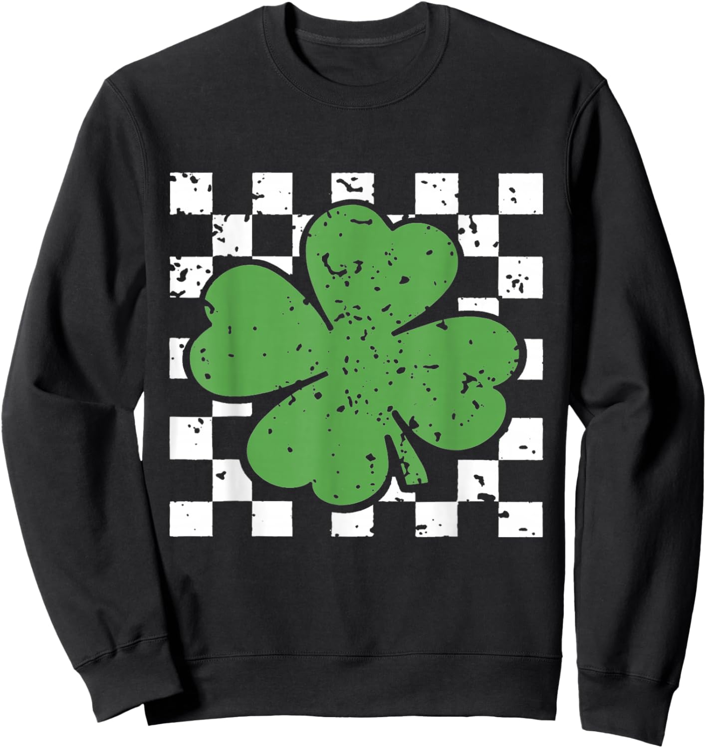 Vintage Four Leaf Clover Checkered Pattern Green Sweatshirt - Sweatshirt | Black