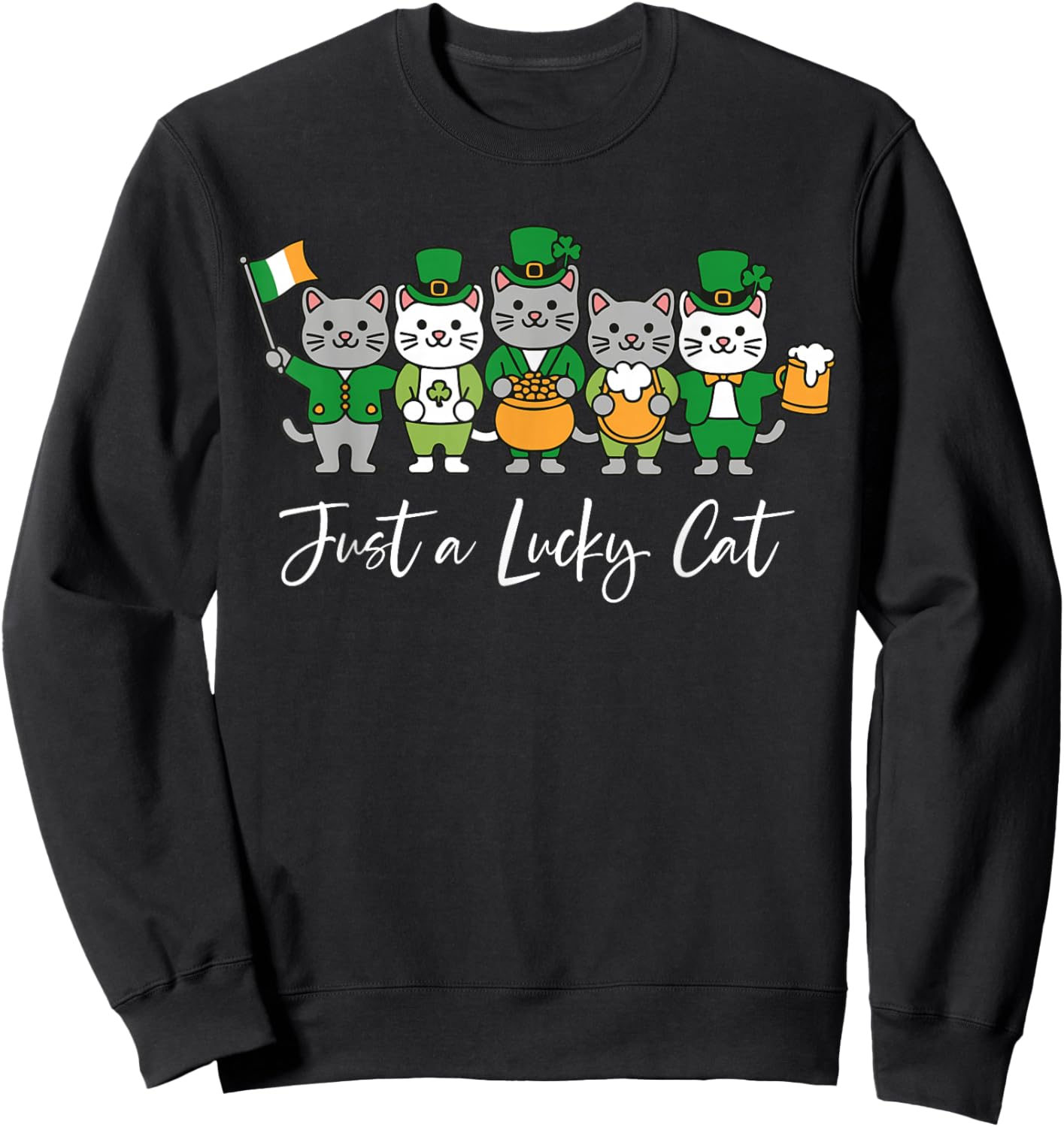 Funny Just A Lucky Cat St Patrick's Day Cute Kitten Shamrock Sweatshirt - Sweatshirt | Black