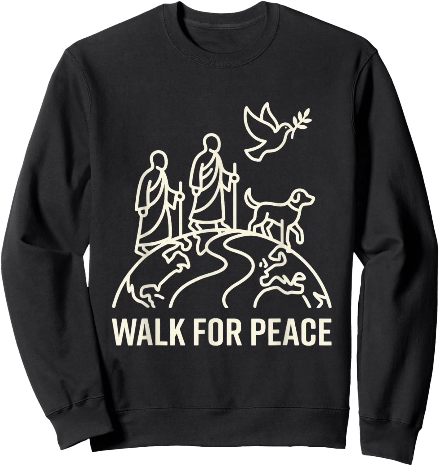 Walk for Peace Aloka Monks with Dog and Dove Line Art Sweatshirt - Sweatshirt | Black
