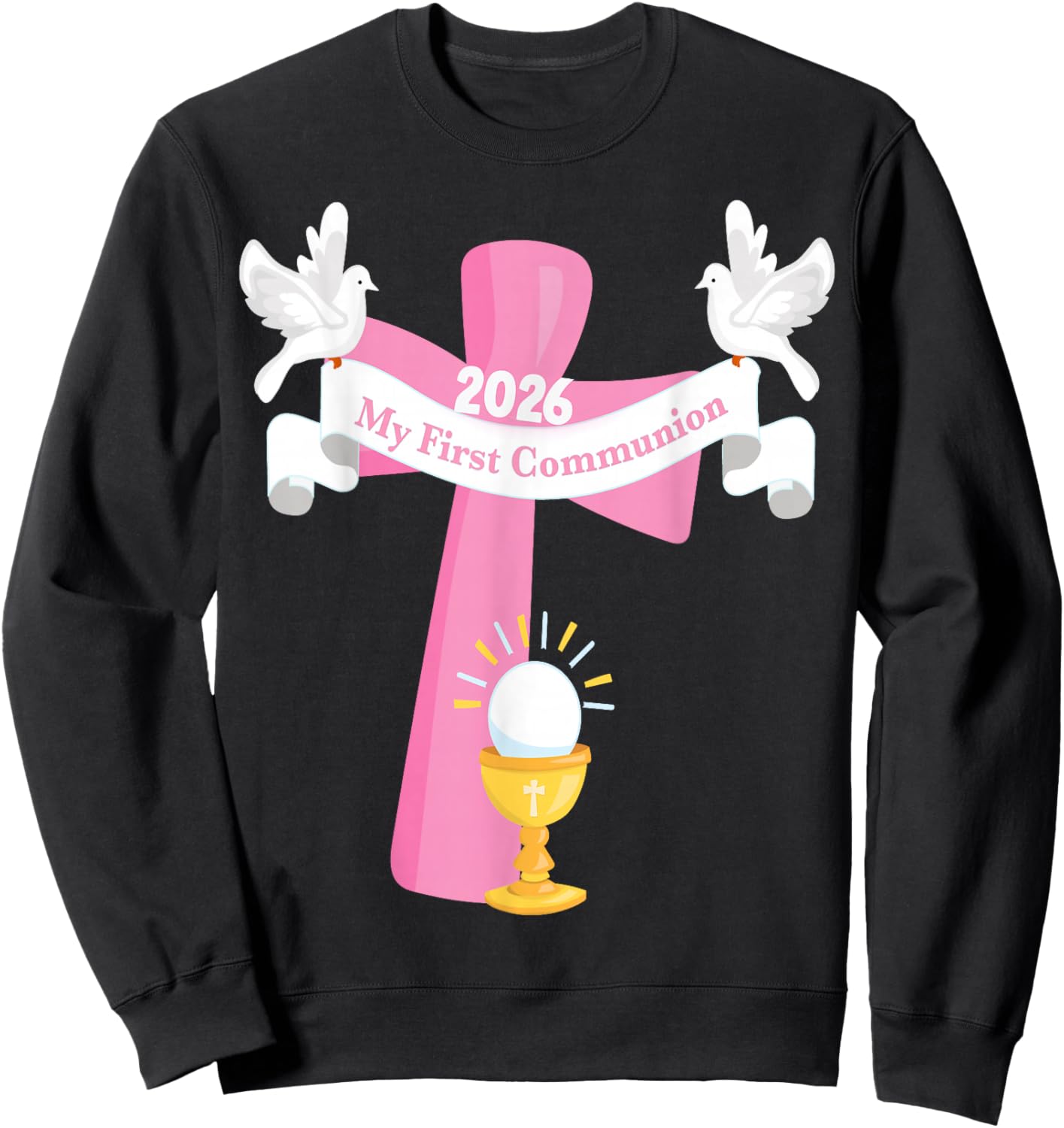 Girl First Communion 2026 Pink Cross Chalice Retreat Party Sweatshirt - Sweatshirt | Black